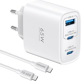 65W Chargeur USB C Rapide, 3-Ports Prise USB C GaN Tech PD3.0 PPS avec 60W Câble pour iPhone 17 16 15 14 13 Pro Max, pour MacBook M4 M3 M2, pour Galaxy S25 S24 S23 Note Pixel 9 8 7 iPad Air/Pro, Blanc