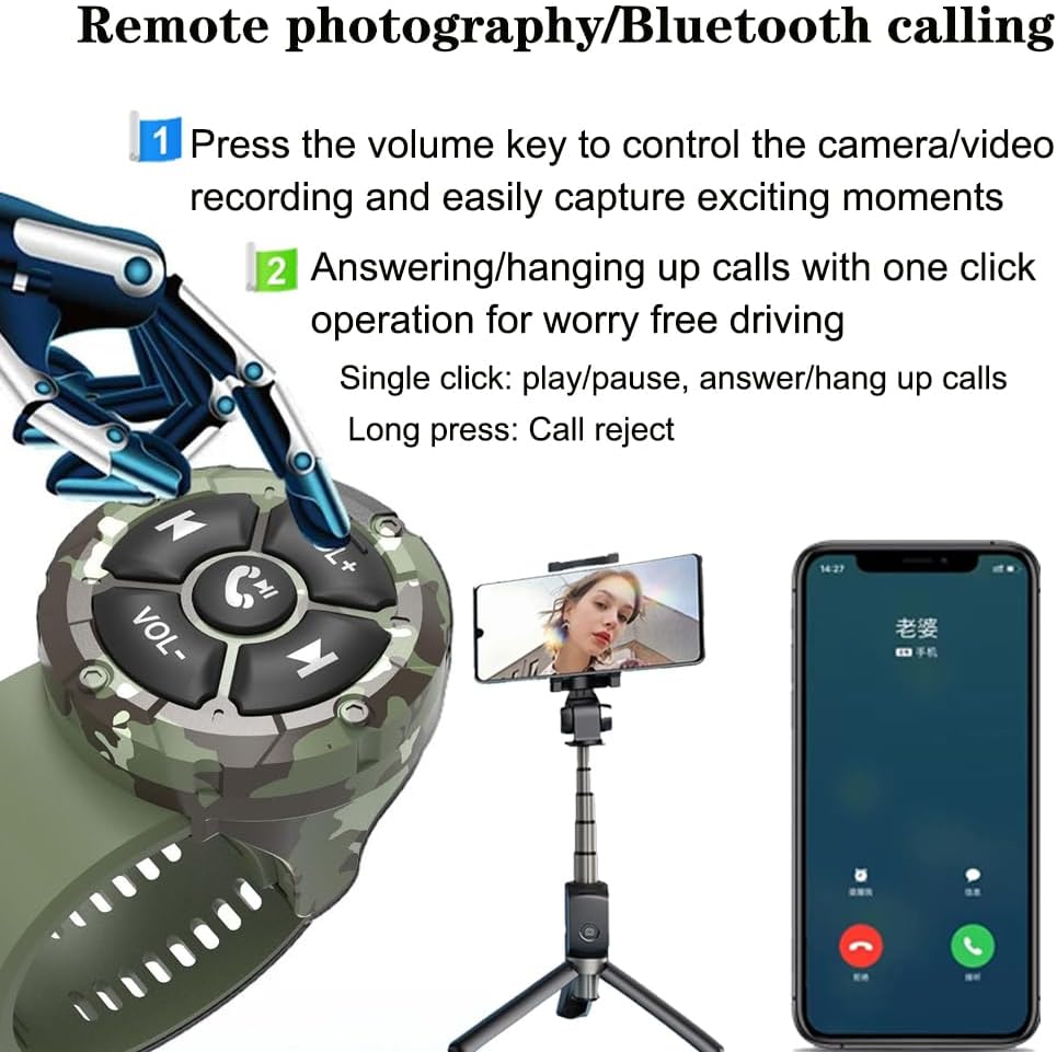 Wireless Bluetooth Media Remote Button,Adjustable Direction Waterproof Strap Type Wireless Controller for Car Bike Motorbike,Steering Wheel Control Button for iPhone/Android Device Camo