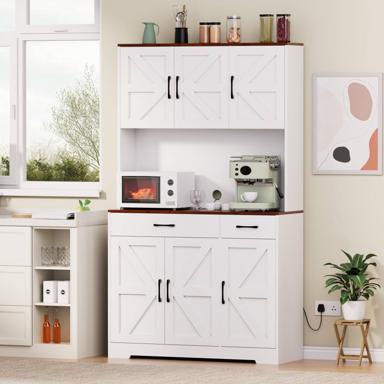 71" Kitchen Pantry Cabinet with Charging Station, Farmhouse Pantry Storage Cabinet with Doors and Adjustable Shelves, Large Kitchen Hutch with Microwave Stand for Dining Room Kitchen, White