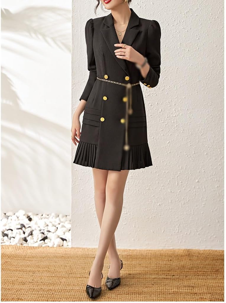 JSEIAJB Xiaoxiang Series Suit Breasted Dress with Patchwork Pleats and Slim Fit Design