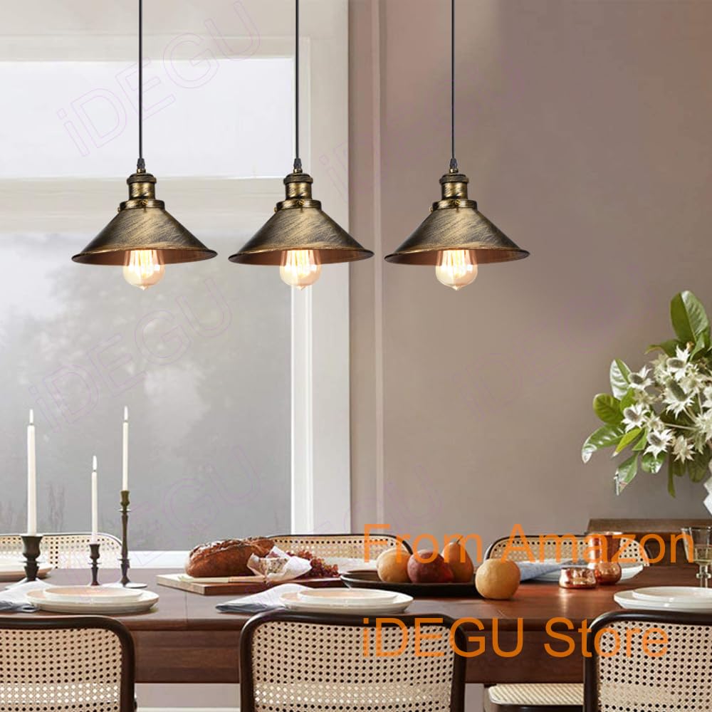 iDEGU 3 Luci Lampadario a Sospensione Industriale Lampada a Sospensione Vintage Stile Edison E27 Plafoniera Lampada da Soffitto per Sala da Pranzo Soggiorno Cucina Bar, 22CM (3 Luci Palo, Bronzo)