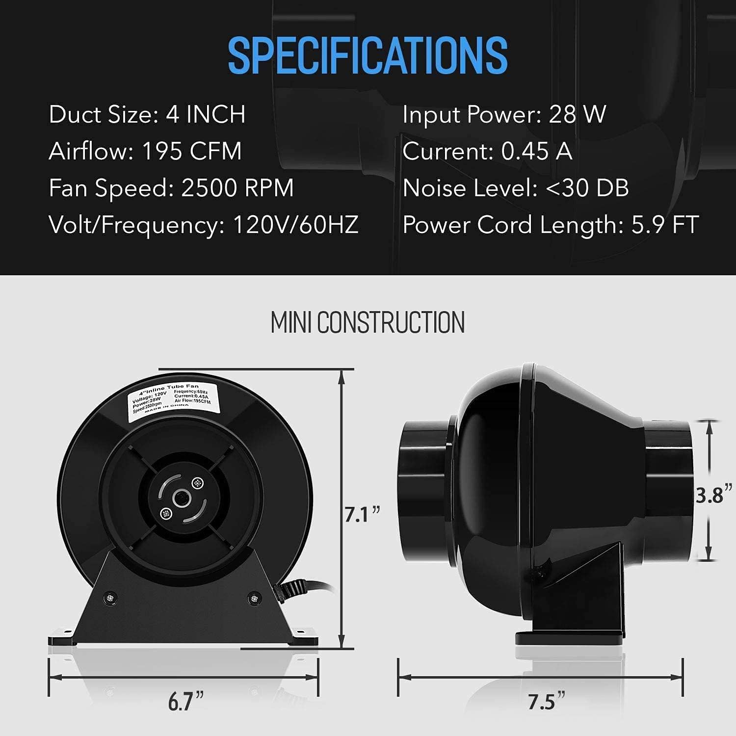 iPower 10,2 cm, 195 CFM Inline-Ventilator, Belüftung, Abluftgebläse, Luftkohlefilter, 2,4 m, flexible Leitung und Seilaufhänger für Wachstumszelt, HVAC-Heizung, Kühlung