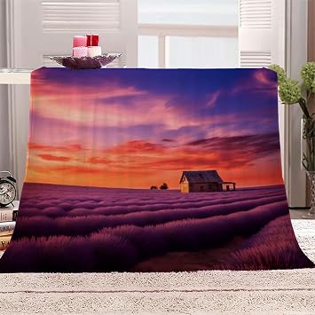 Lavender Throw Blanket, Fleece Blanket for Couch Bed Sofa, Flower Aesthetic Blankets and Throws, Painting Super Soft Cozy Plush Flannel Blanket, 30 x 40 in, Nordic Sunset Scenery