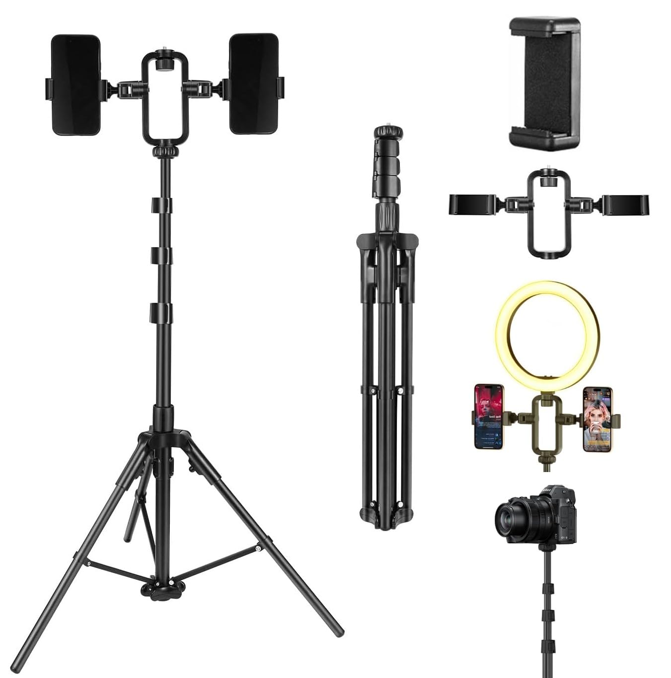 Tripode para Aro de Luz, Camara con 2 Soportes giratorios 360º para moviles, Altura Ajustable. para Panel de Iluminacion Fotografica.