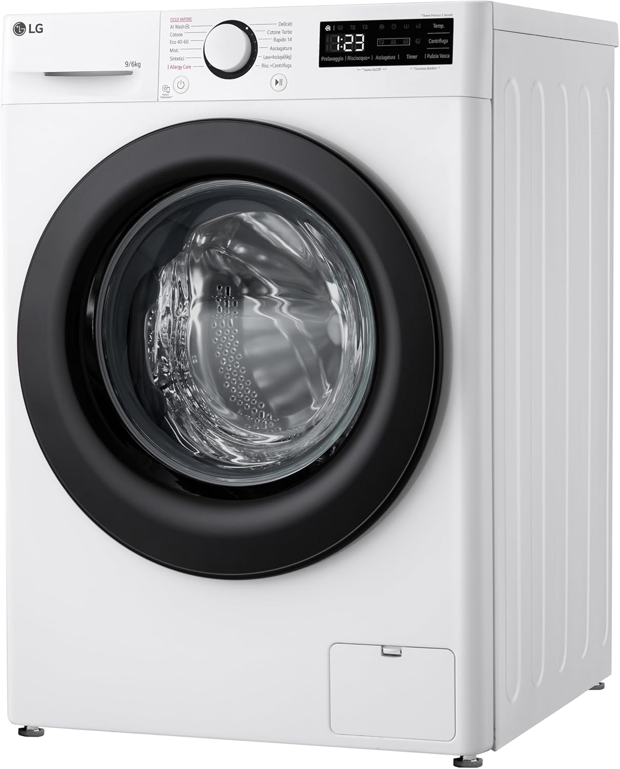 LG AI DD D4R3009NSWB Lavasciuga 9 / 6kg Serie R3 Classe A-10%/D, Lavatrice e Asciugatrice Insieme, 1400 giri, Lavaggio a Vapore, Eco Hybrid, Allergy Care, Motore Inverter Direct Drive, Bianca