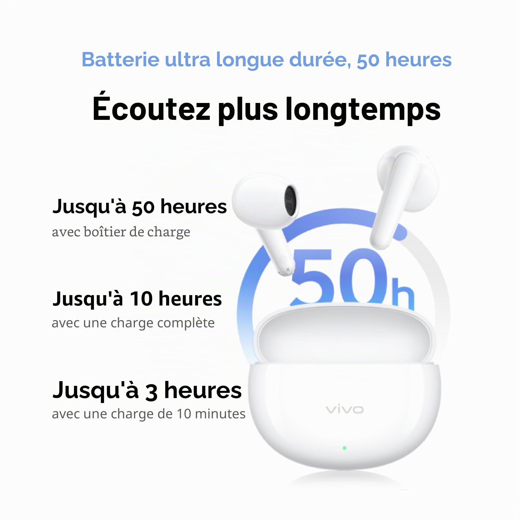 vivo Buds Air3, Wirless-Earphones, jusqu'à 50 heures de batterie, légèreté 3,6g, faible latence dans le jeu (88 ms), double connexion à plusieurs appareils, réduction du bruit lors des appels avec AI