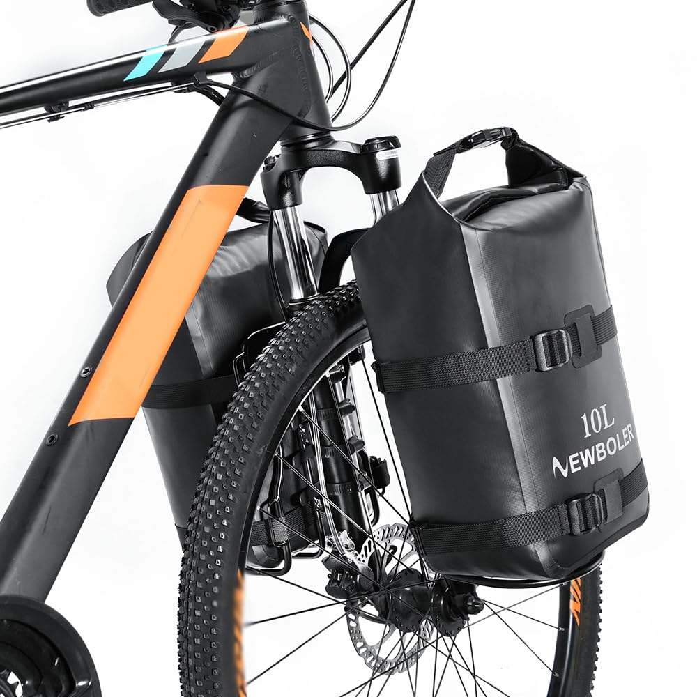 Kavolet Lot de 2 sacoches de fourche de vélo de 10 l - Étanche - Avec ouverture par rouleau - Sacoche de vélo avant pour porte-bagages - Sacs de vélo portables pour VTT et vélos de route