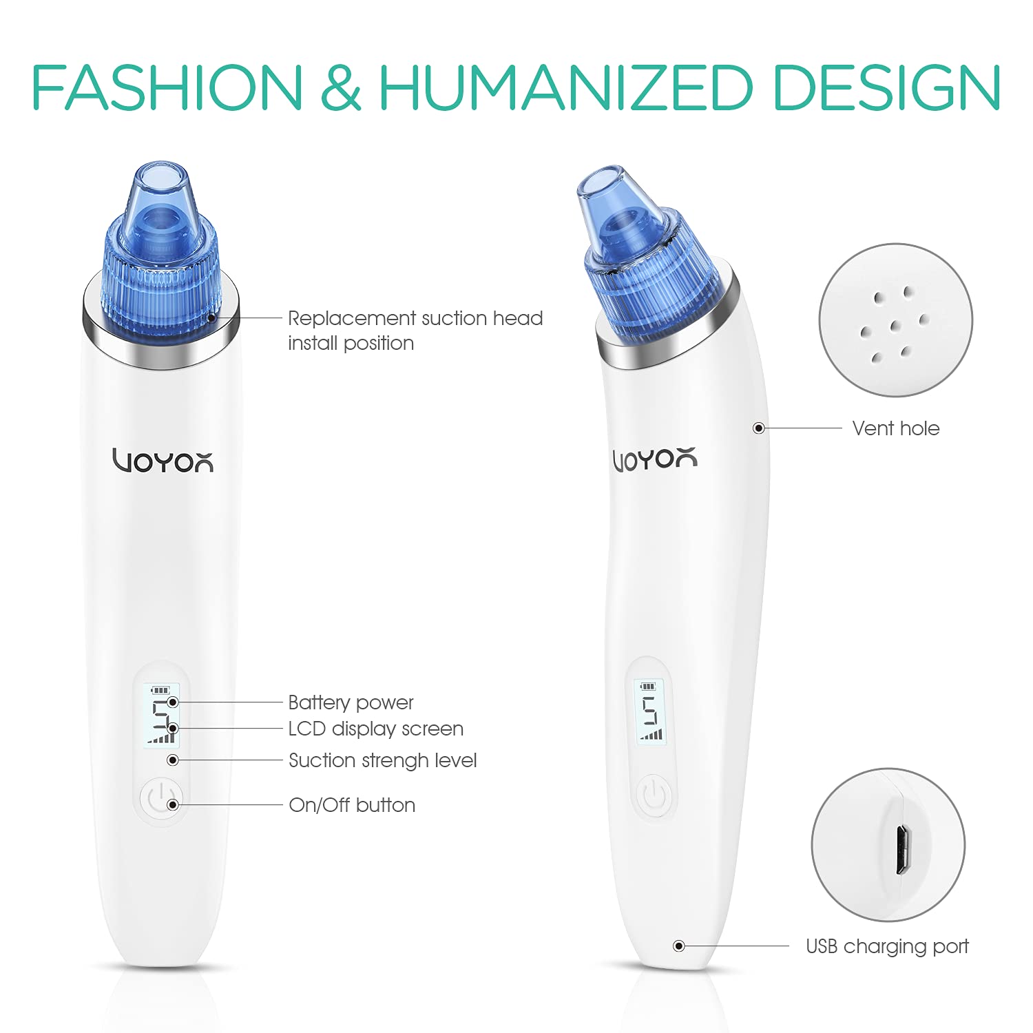 VOYOR Blackhead Remover Pore Vacuum - Black Head Remover for Face with LCD Screen, 5 Suction Levels and 6 Replaceable Heads, USB Rechargeable Face Vacuum Pore Cleaner for Women and Men (BR510) - Image 6