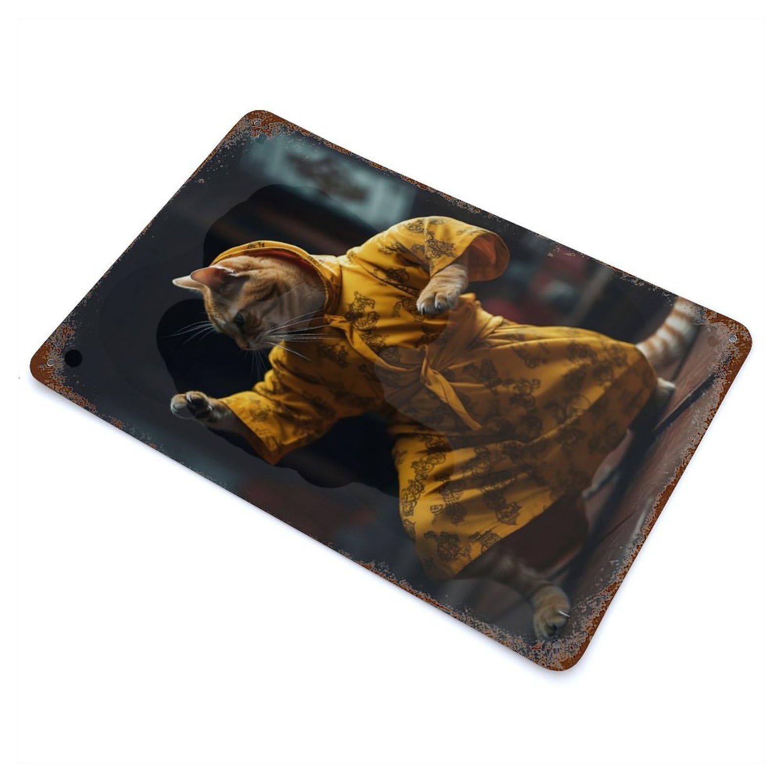 Martial Arts Karate Cat Rust Effect Tin Sign 11.8"x7.9", Rustic Home Decor for Garage, Bar And Workshop Decor