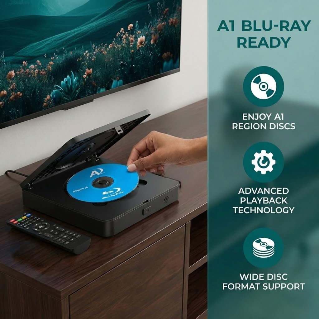 Blu Ray Player 1080P Blu-ray Disc Player for Home Cinema, Dolby Audio/DTS, Plays All DVDs and Region A 1 Blu Rays, Supports 128GB USB Stick, with HDMI and AV Output Connection Cable, NTSC US Standard 8