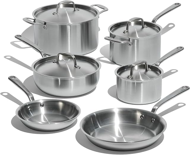 Made In Cookware - 10 Piece Stainless Steel Pot and Pan Set - 5 Ply Clad - Includes Stainless Steel Nonstick Frying Saute Pans, Saucepans and Stock Pot W/Lid - Professional Cookware - Made in Italy