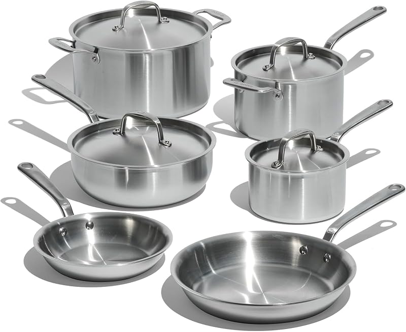 Utensilios de cocina - Juego de ollas y sartenes de acero inoxidable de 10 piezas - Revestido de 5 capas - Incluye sartenes, cacerolas, salsas y olla de acero inoxidable con tapa - Utensilios de cocina profesionales - Fabricados en Italia