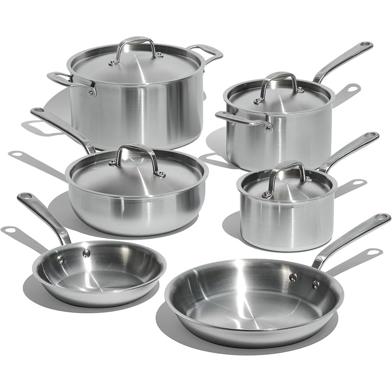 Made In Cookware - 10 Piece Stainless Steel Pot and Pan Set - 5 Ply Clad - Includes Stainless Steel Frying Pans, Saucepans, Saucier and Stock Pot W/Lid - Professional Cookware - Crafted in Italy Silve