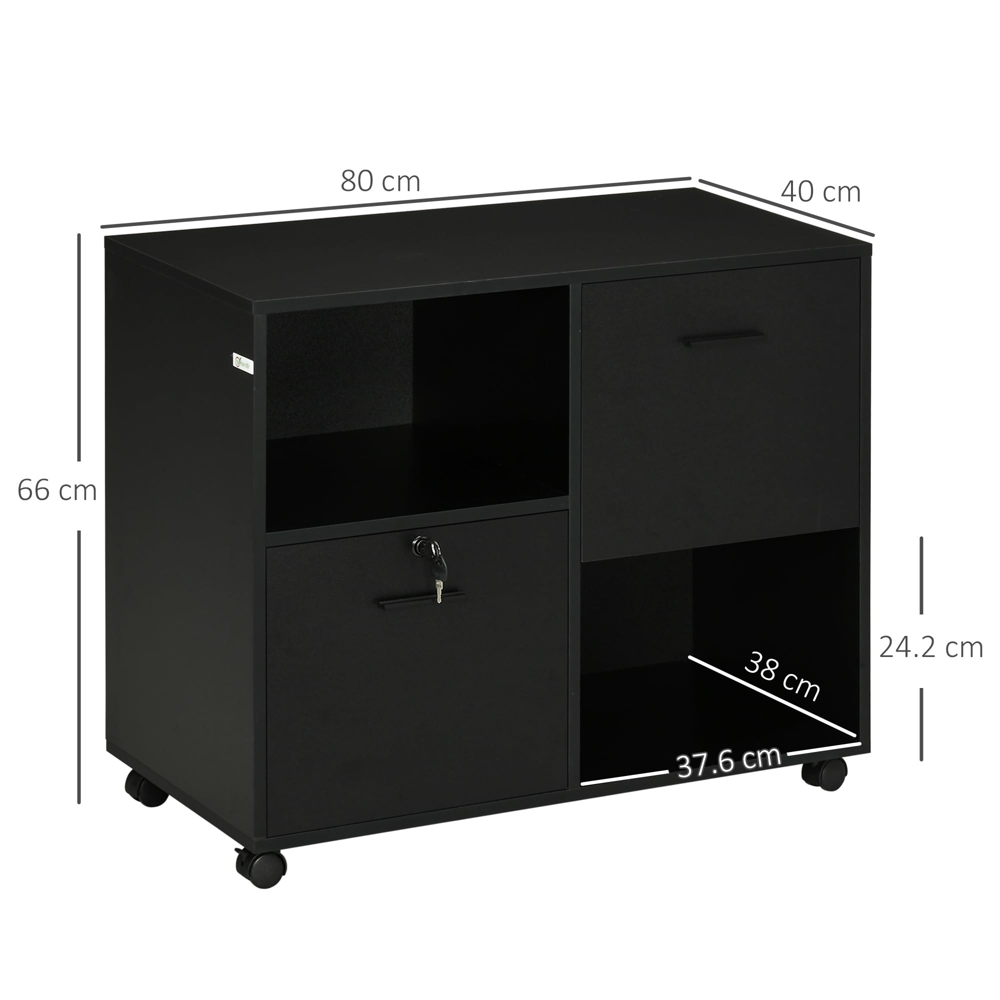 Vinsetto Cassettiera da Ufficio 2 Cassetti Porta Documenti 80x40x66cm Nero | Ripiani Aperti in Truciolato, Maniglie in Acciaio, Ruote con Blocco