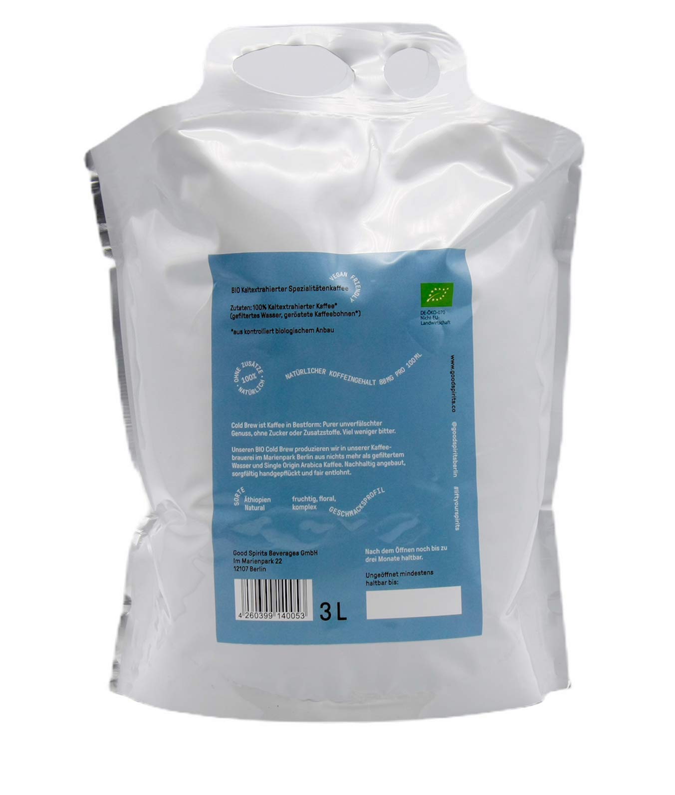 3 Liter Good Spirits Bio Cold Brew Coffee Pure Black Ethiopia Kaffee Kaltgetränk aus Spezialitätenkaffee Stand Up Pouch mit Zapfhahn für lange Haltbarkeit und Geschmack