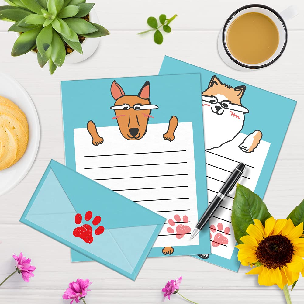 Juego de papelería, diseño de perro de dibujos animados, papelería kawaii, papel de escritura de doble cara con líneas, juego de papel de papelería para niños y sobres, 48 bonitos artículos de