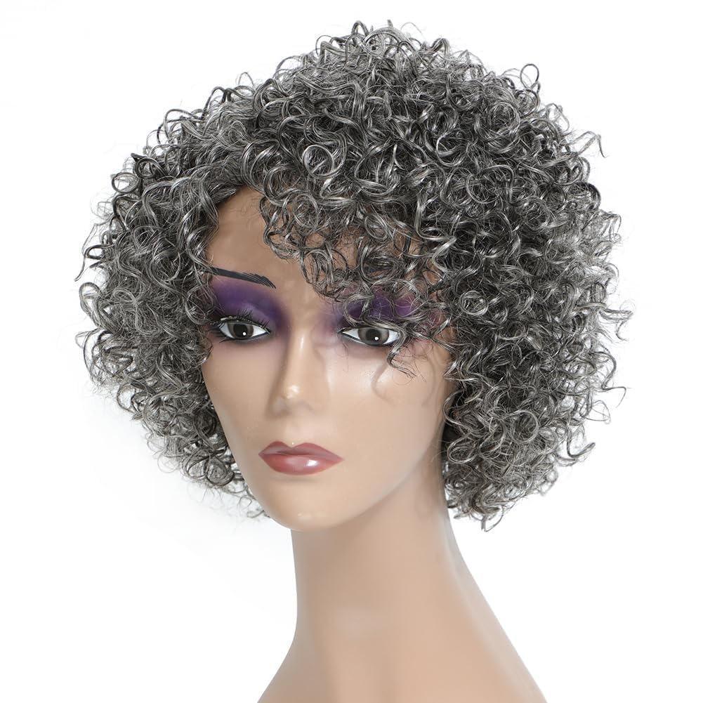 Morichy Grey Wigs for Senior Women Short Curly Human Hair Wigs for women Real Hair Mixed Kinky Curly Wear and Go Glueless Wig Ombre Gray 8 Inch Short Wig for Older Women Daily Use - Image 3