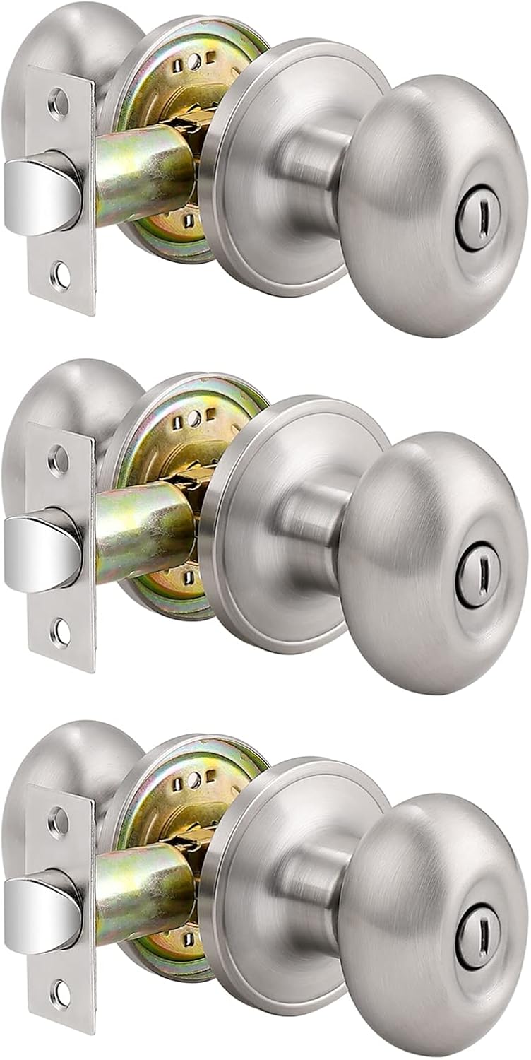 Probrico Brushed Nickel Privacy Door Knobs, 3 Pack Bathroom/Bedroom ...