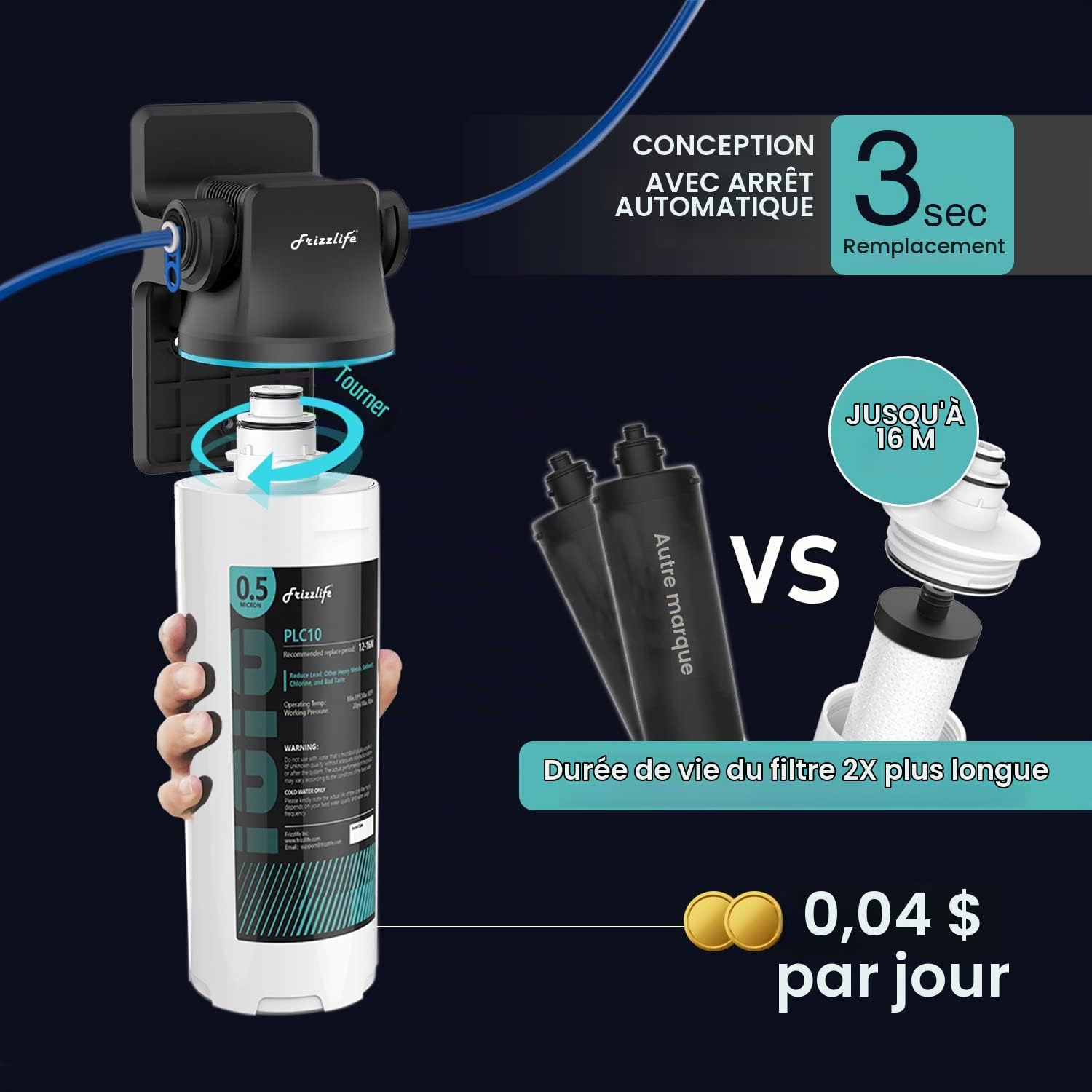Frizzlife SW10F Système de filtrage d'eau sous évier de 0,5 micron avec robinet en nickel brossé, certifié NSF/ANSI 53&42, réduit 99,99% du plomb, du chlore, du mauvais goût et des odeurs, 8K gallons