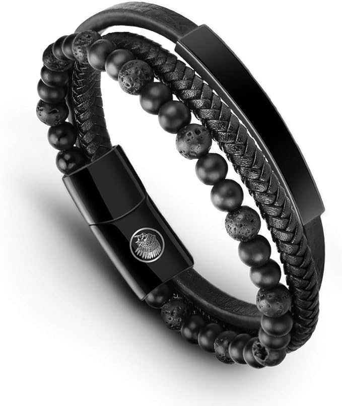 Mens Leather Bracelet Classic Handmade Braided Black & Brown Cuff