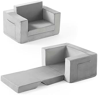 Kids Couch, 2-in-1 Toddler Chair Comfy 1-3 Years Old, Convertible Kids Chair, Toddler Couch That Fold Out, Kid Lounge Chairs for Boys and Girls, Soft Coral Fleece, Grey