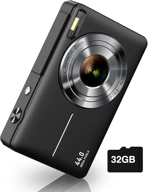 Digital Camera, Camkory FHD 1080P Kids Camera 44MP Point and Shoot Digital Cameras with 32GB SD Card, 16X Zoom, Two Batteries, Lanyard, Compact Small Camera for Kids Boys Girls