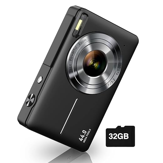 CAMKORY Small Digital 44MP Point and Shoot Compact Camera with 32GB SD Card, Two Batteries, Lanyard, FHD 1080P, 16X Zoom for Kids Boys Girls, Black