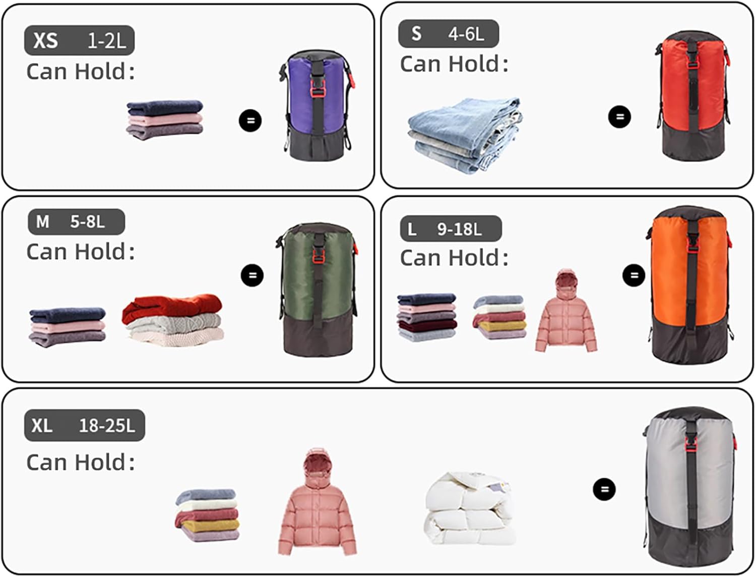 Compression Stuff Sack Polyester Lightweight Camping Hiking Backpacking Sleeping Bag Storage 5pcs Set