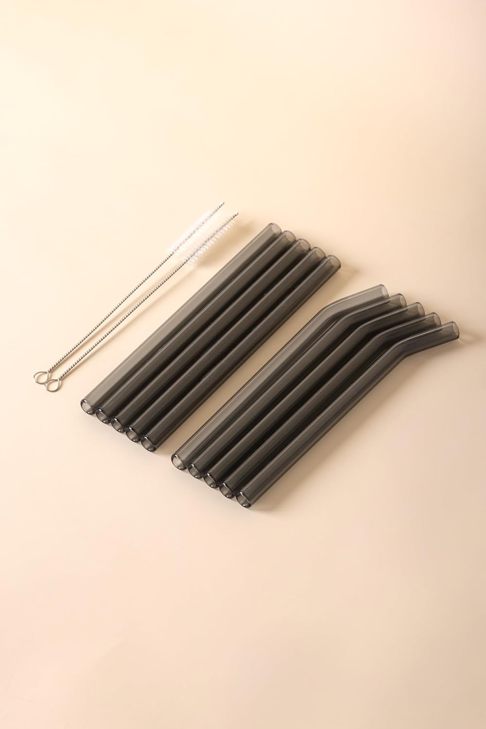 10-Pack Reusable Glass Drinking Straws – Colorful, Durable, Shatter-Resistant – Includes 5 Straight, 5 Bent Straws & 2 Cleaning Brushes – For Smoothies, Iced Coffee (Grey, Smoothie)