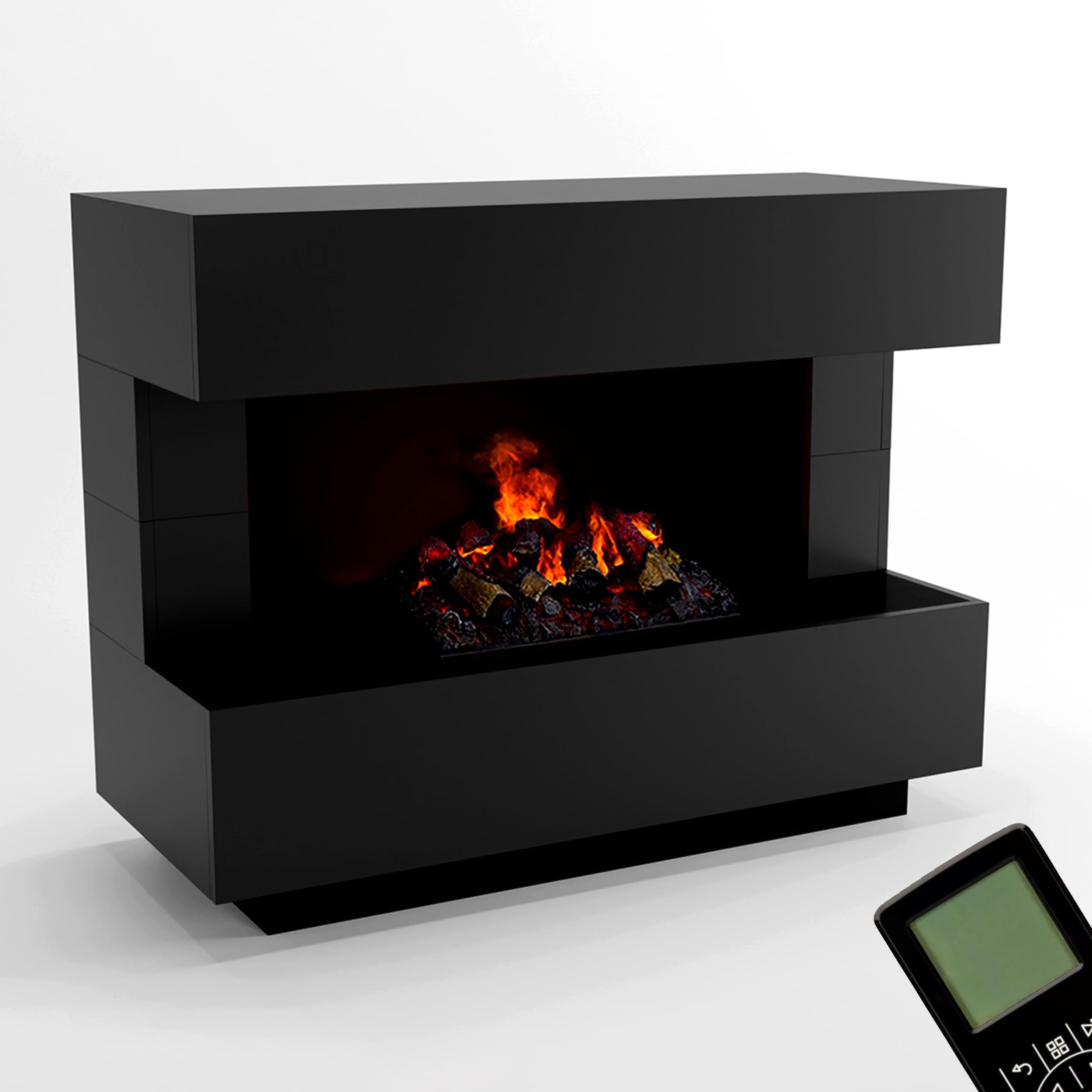 GLOW FIRE Kominek stojący na parę wodną KANT - Elektryczny kominek z realistycznym efektem płomieni LED 3D, trzaskiem, pilotem, 120x93x50 cm - Opti-Myst 500 z dekoracją drewnianą, Czarny
