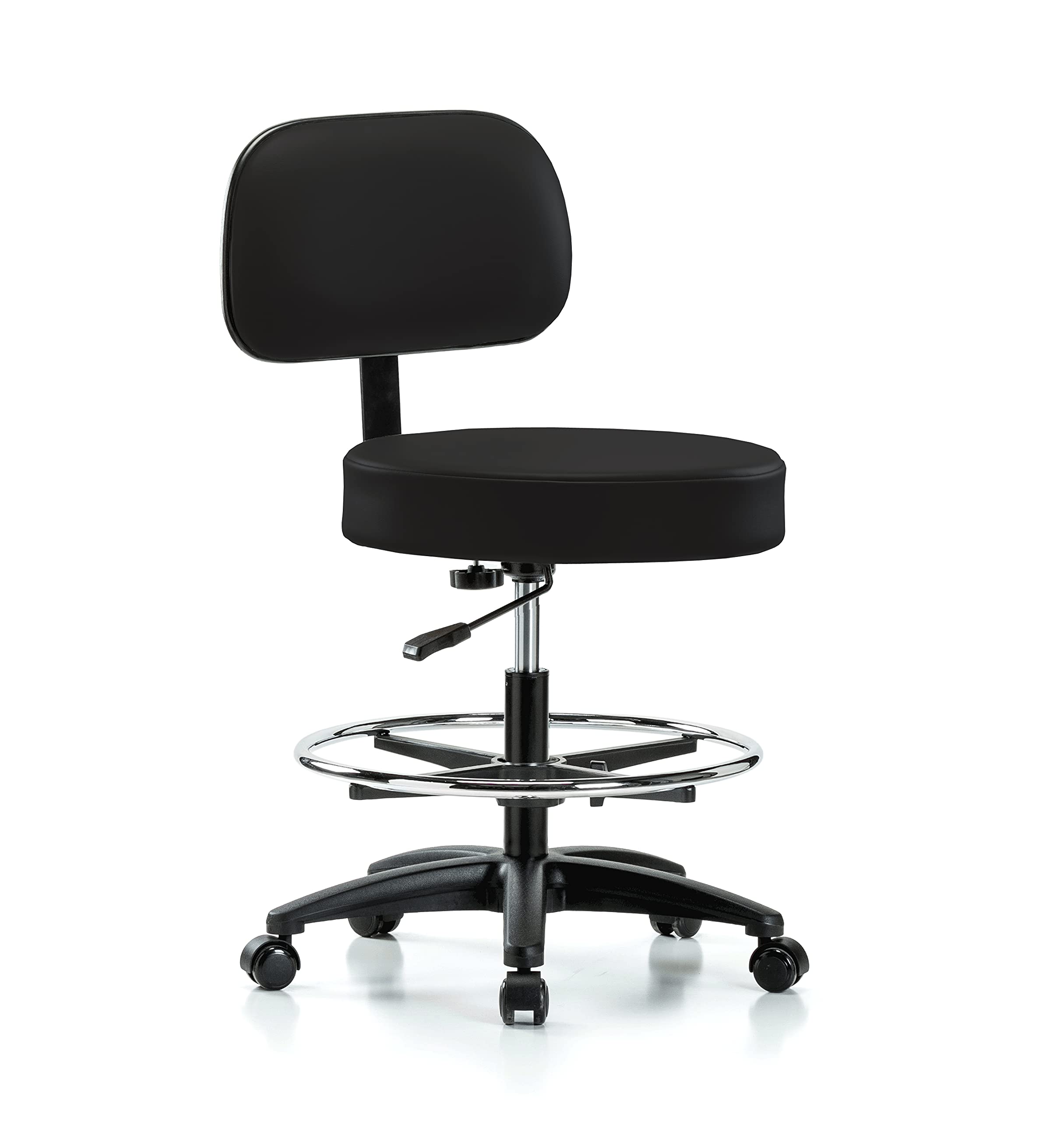 Perch Basic Exam Stool with Foot Ring, Casters, 21-28.5", Black Vinyl