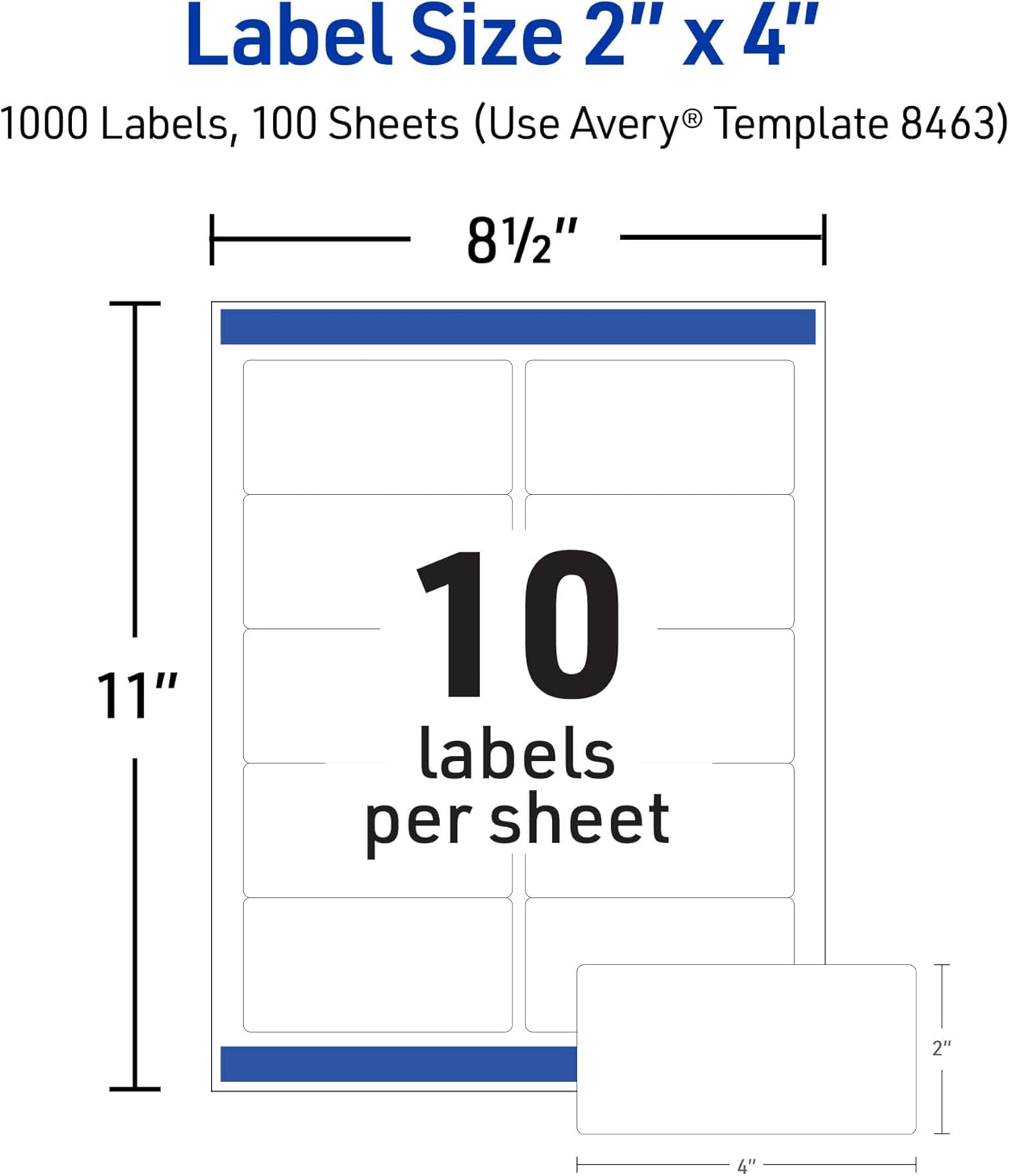 Avery Printable Shipping Labels with Sure Feed, 2" x 4" Customizable Stickers, White, 1,000 Blank Mailing Labels, Great for Mailing, Shipping, and More (8463)