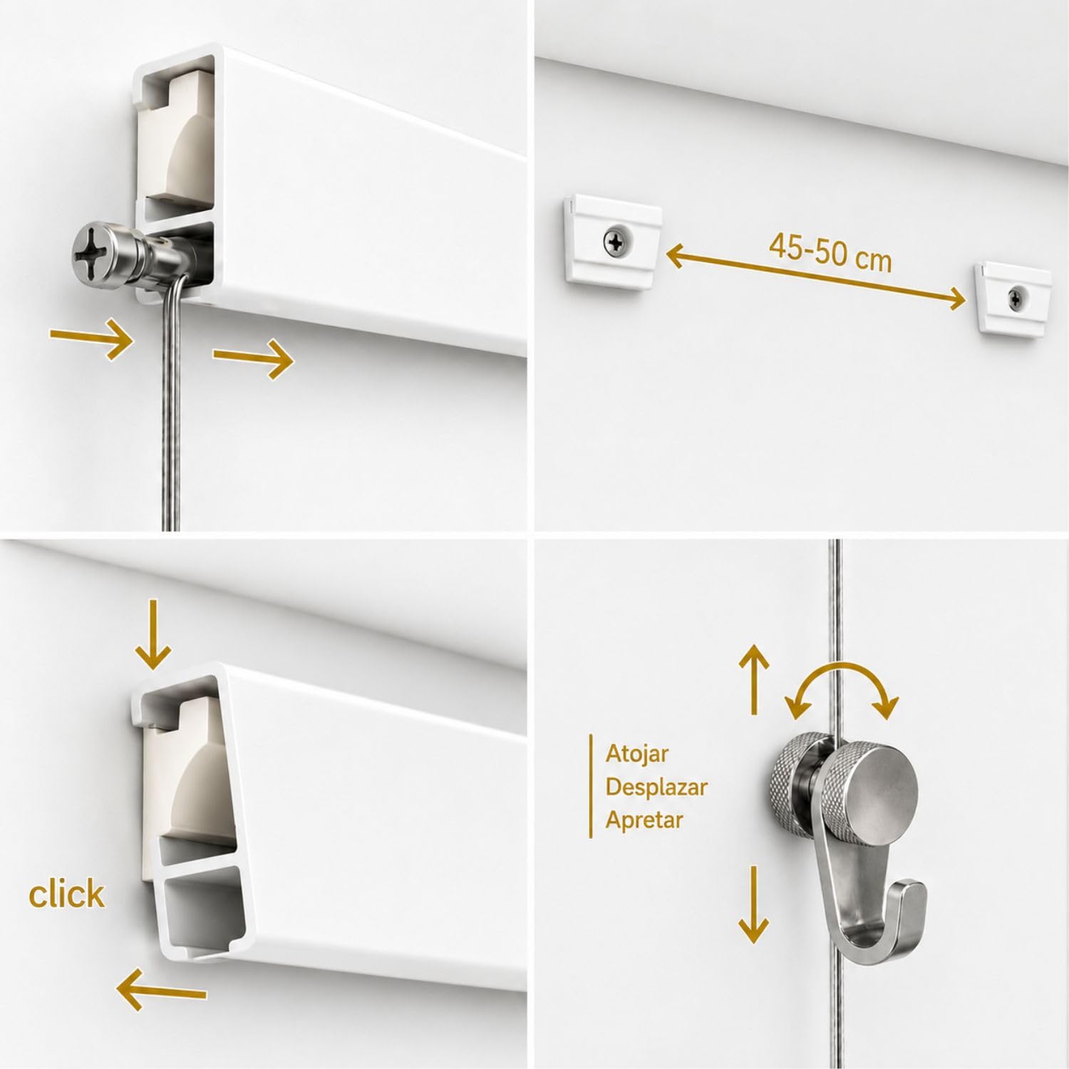 Sistema Riel para colgar Cuadros - Guía de Aluminio Blanca 6 Metros | Riel Ajustable para Cuadros | 6 Colgadores RM con Nylon | Instalación en Pared y Pladur | Tornillos y Tacos