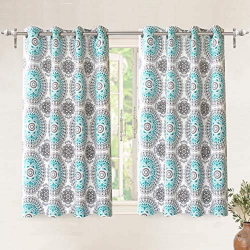 DriftAway Bella Medallion and Floral Pattern Room Darkening and Thermal Insulated Grommet Window Curtains 2 Panels Each 52 Inch by 54 Inch Aqua and Gray
