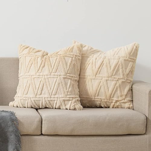 Miniatura 6 de Junfawn Juego de 4 fundas de almohada decorativas de 16 x 16 pulgadas para sofá cama, fundas de cojín bohemias suaves de lana corta sintética para