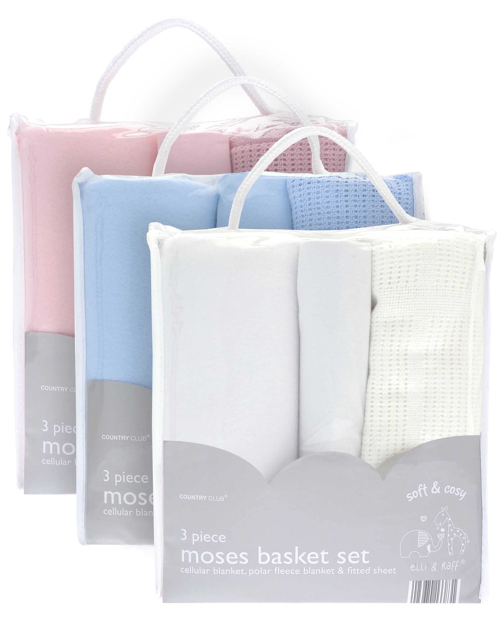COUNTRY CLUB Soft, Cosy and Easy Care 3 Piece Baby Moses Basket Set - Cellular Blanket/Polar Fleece Blanket/Fitted Sheet - Newborn Baby Gift Idea - White, Blue or Pink (Pink)