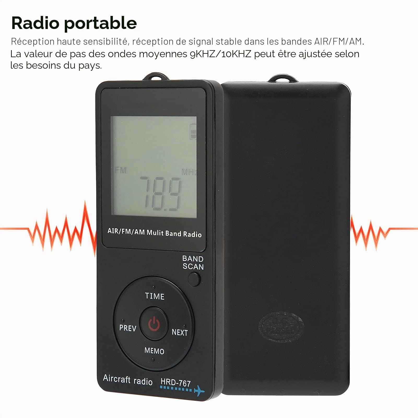 Récepteur Radio de Bande D'aéronef, Radio Portable AM FM Portable FM/AM/AIR avec écran LCD et écouteurs, Batterie au Lithium 400 MAh Intégrée