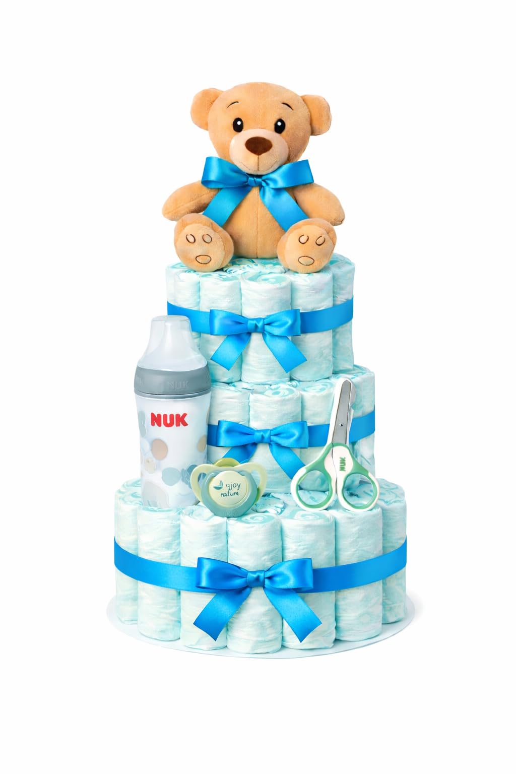 Tarta de pañales NUK azul (Talla 2 (3-6 kg)) by MomentosGourmet Añade tu dedicatoria personalizada. Regalo para bebé muy práctico. Cesta Canastilla recién nacido. Diaper Cake