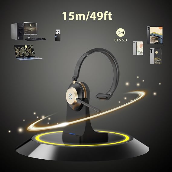 Bluetooth Headset, Wireless Headphones with Mic Noise Canceling & USB Dongle, Wireless Headset with Charging Base & 45hrs Talk Time for Office/Computer/Mobile Phones/Ms Teams/Skype/Zoom