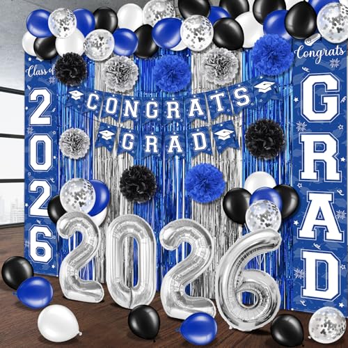 Image of Graduation Party Decorations Class of 2026, Graduation Decorations with Congrats Grad Banner Fringe Foil Curtain Paper Flower Ball Balloons for High School College Grad Party Supplies, Blue