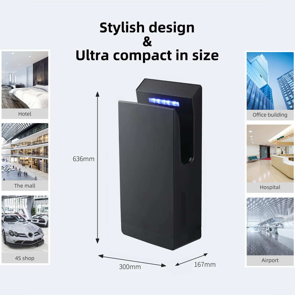 QL Sèche-Mains Électrique avec Stérilisation UV et Filtre HEPA,Air-Jet Ions 1350W Automatique,Commerciale Seche Main Mural,Noir Mat