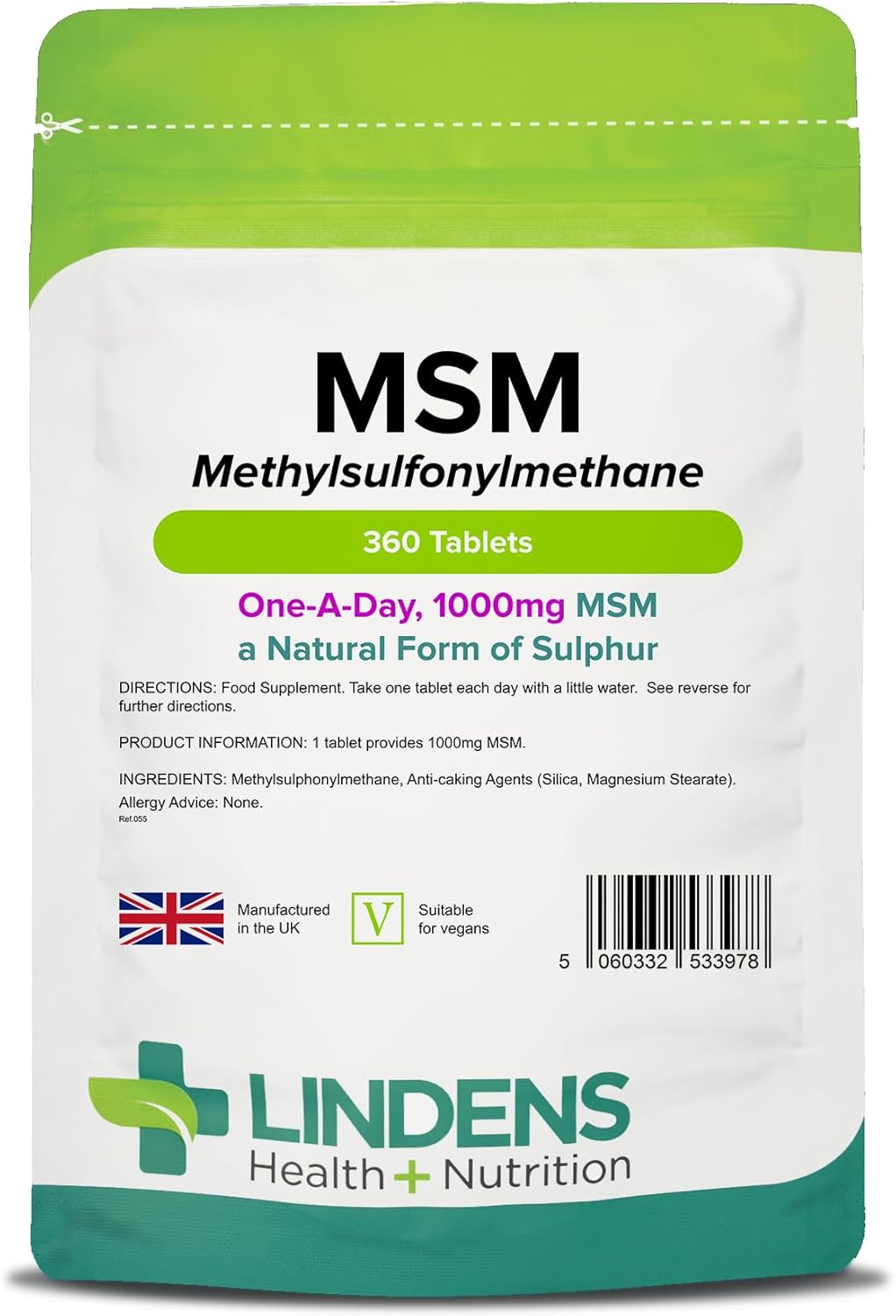 Lindens MSM 1000mg – 360 Vegan Tablets – 1-A-Day – UK Made – Rich in Sulphur, Joint Support, Tissue, Enzyme, Compound Support | Natural Sulfur | (Methylsulfonylmethane) | (12+ Months Supply)