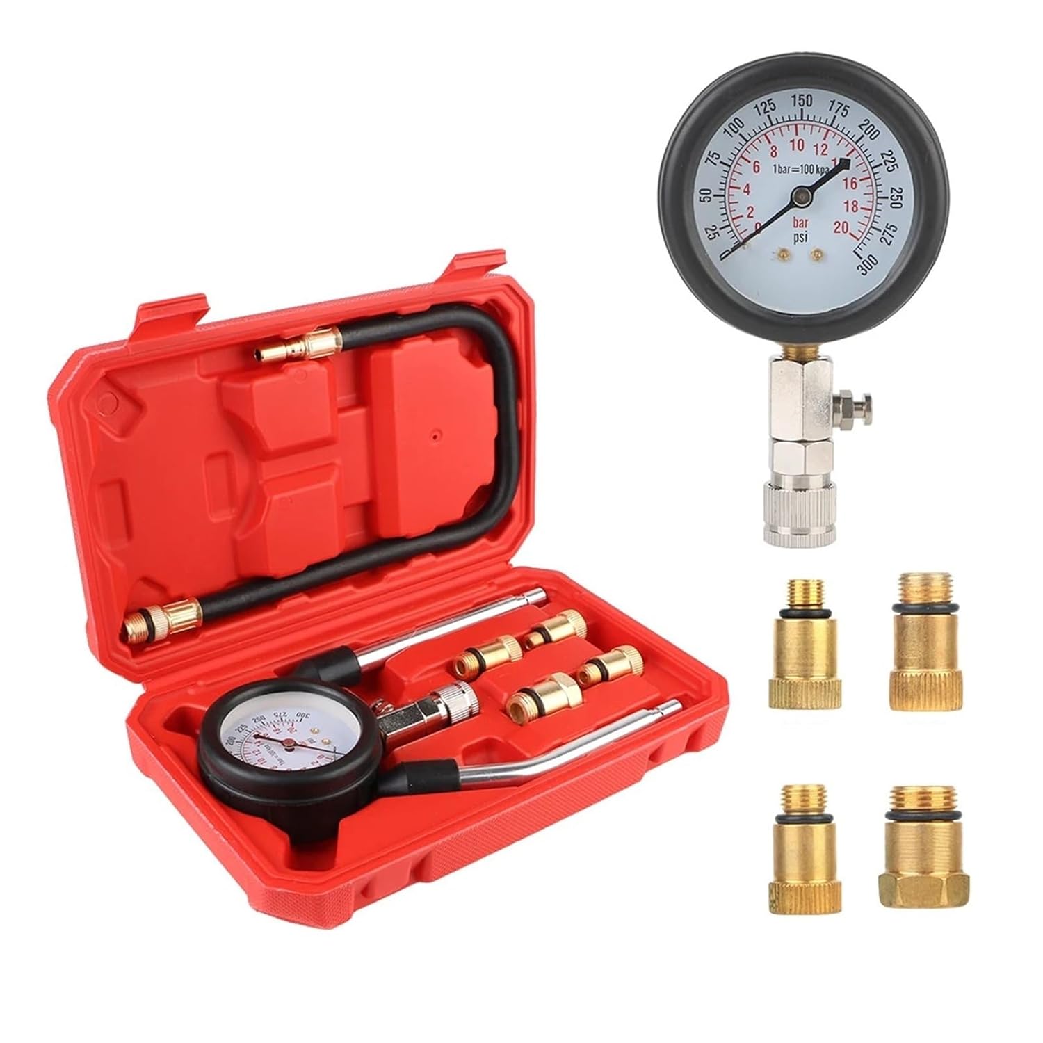 Gasoline Engine Compression Meter Pressure Gauge 0-300 PSI with M10 M12 M14 M18 Adapter Automotive Cylinder Tester Kit