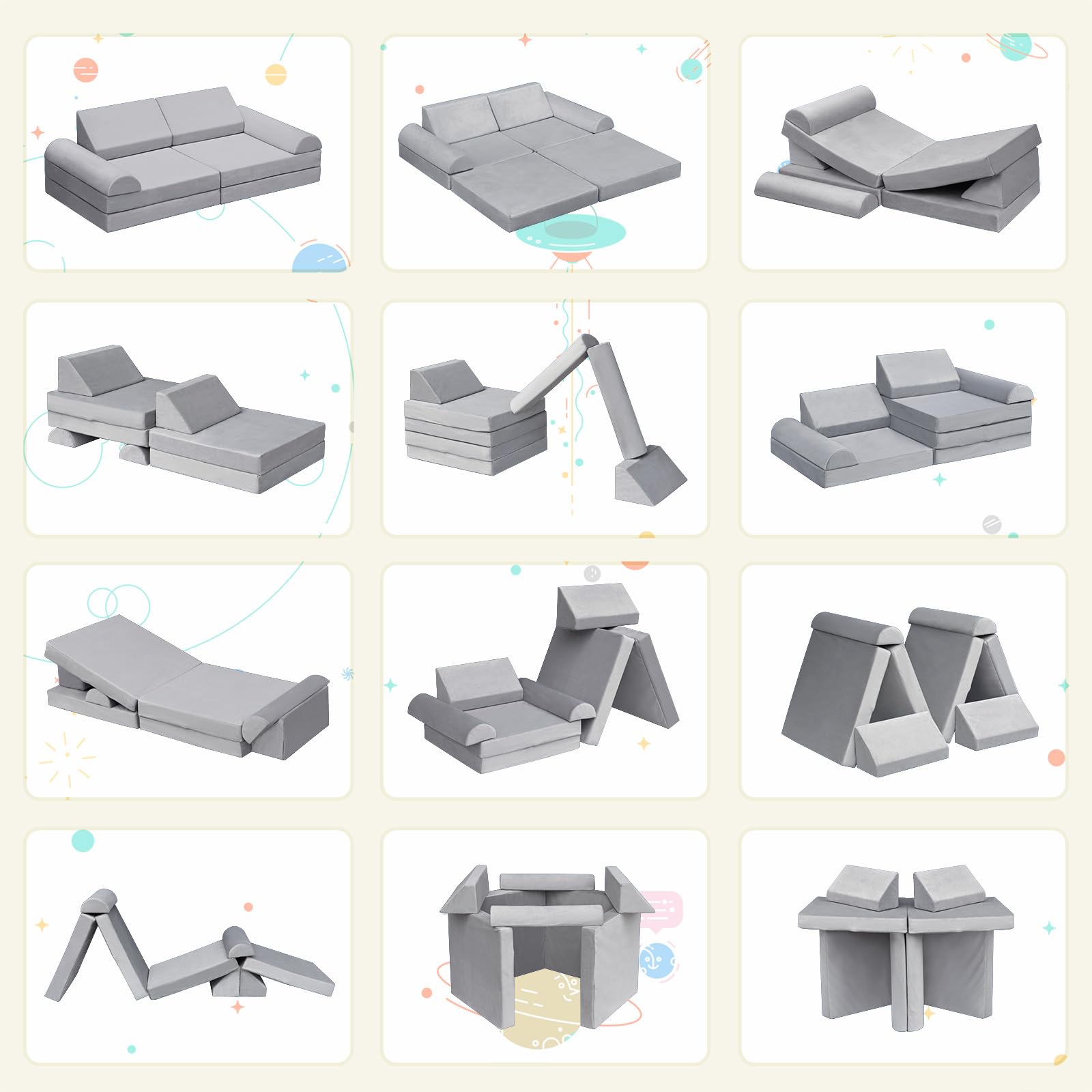 Skypatio Kids Play Couch, 8PCS Modular Kids Toddler Play Couch for Playroom Bedroom, Kid Foam Sofa Nugget Couchs Play Set for Boys and Girls, Gray