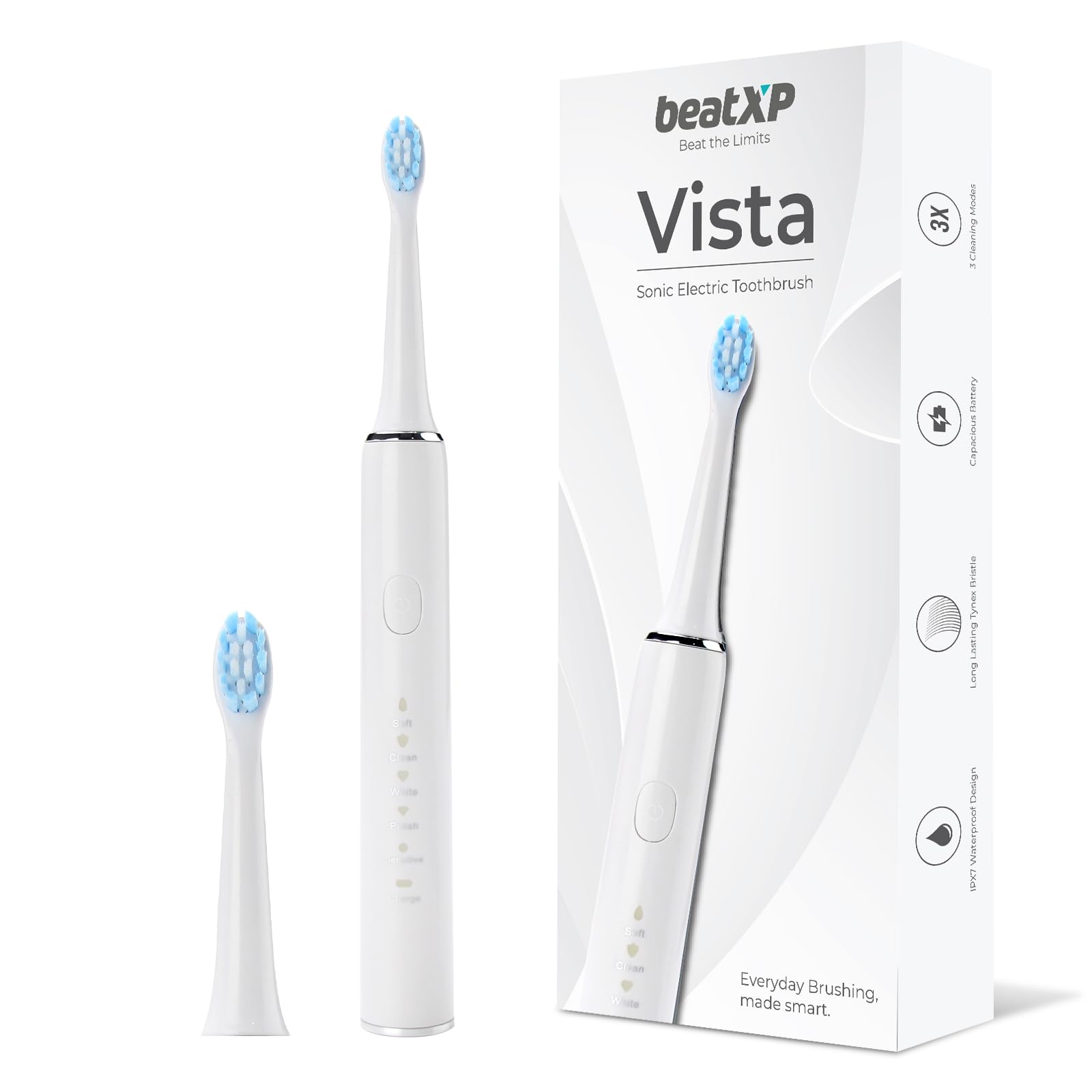 beatXP Vista Sonic Electric Toothbrush for Adults with 2 Brush Heads & 5 Cleaning Modes | Rechargeable Electric Toothbrush | 30000 strokes/min with Long Battery Life (White)