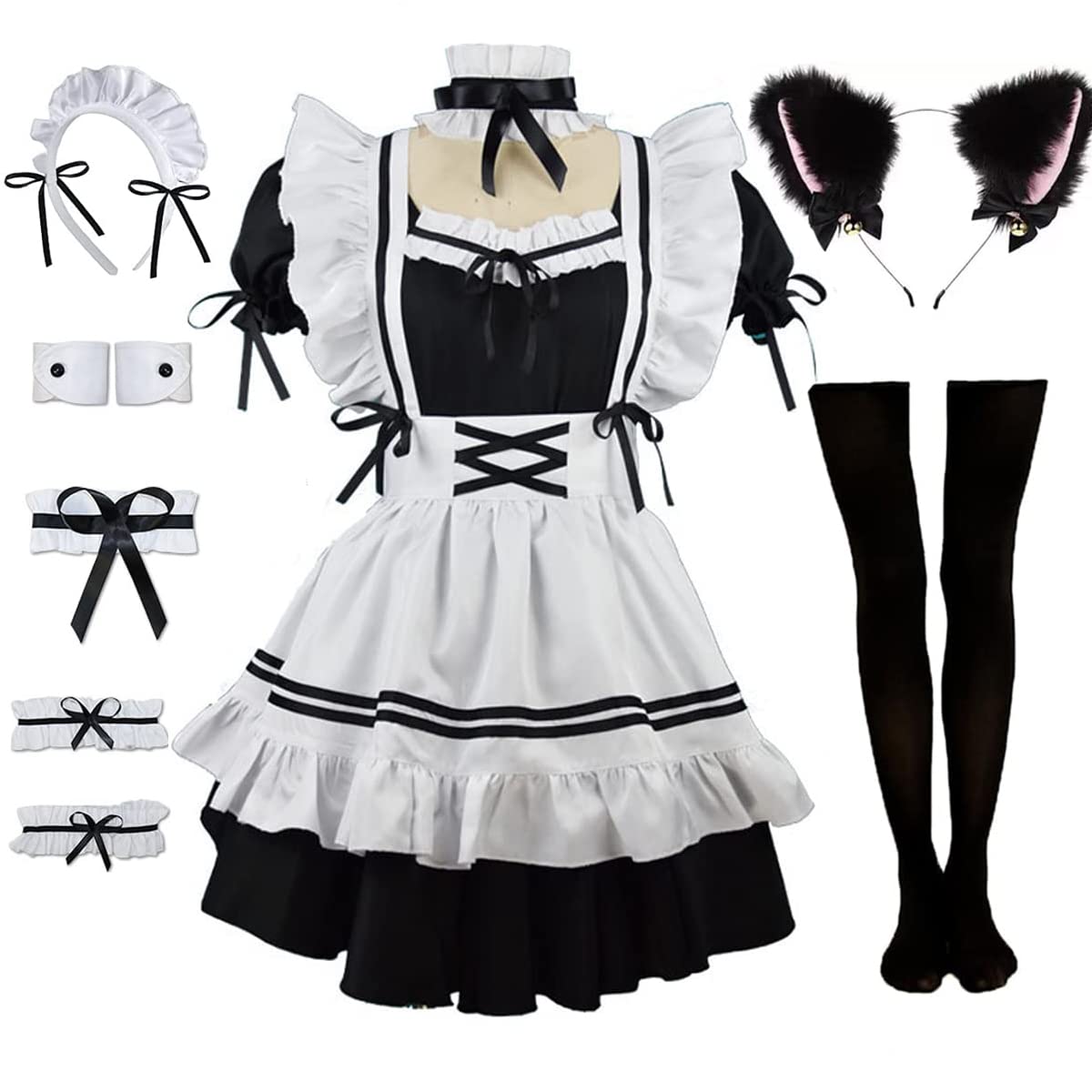 KEWORUIT Anime Cosplay French Maid Outfit Dress Maid Costume Set Apron Cute Lolita Dress Ear Socks Sets, Black, XXXL