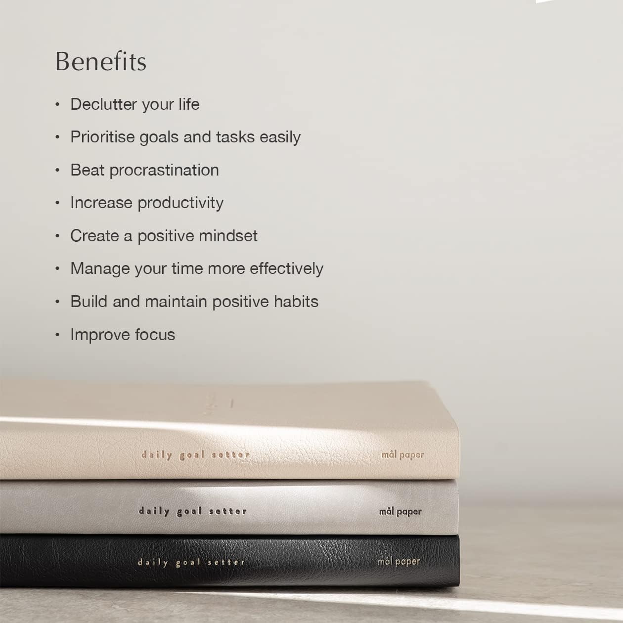 Mal Paper Daily Goal Setter Planner - Grey, 6 Month 274 Page Undated Pad | Soft Cover Productivity Diary with Affirmations, Note Pages Weekly & Monthly View | Mindfulness & Wellbeing Manifestation
