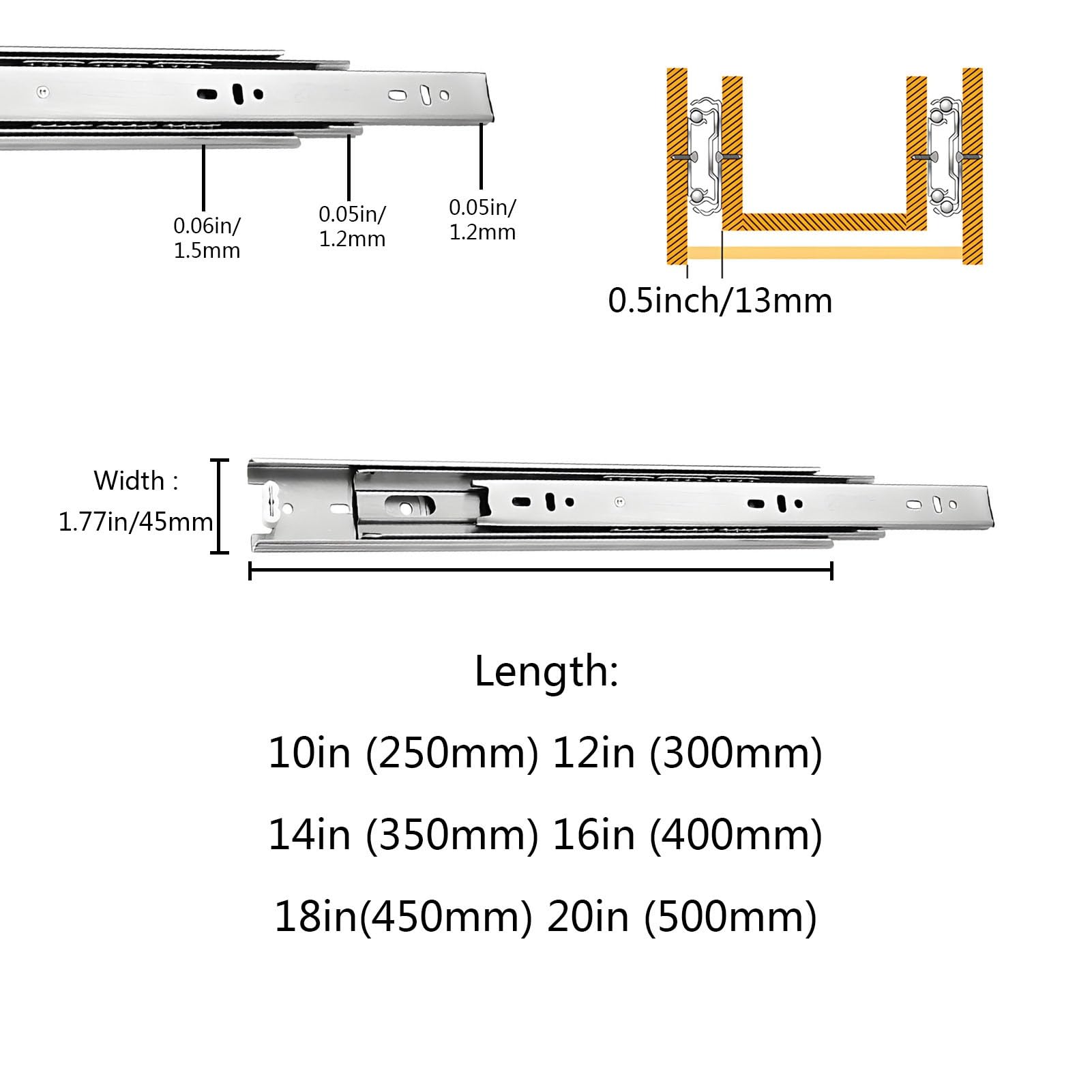 Guide per Cassetti per Carichi Pesanti, Capacità 45 kg, Binari con Cuscinetti a Sfera a Estrazione Totale in Lunghezze da 250 300 350 400 450 500 mm(14in (350mm))