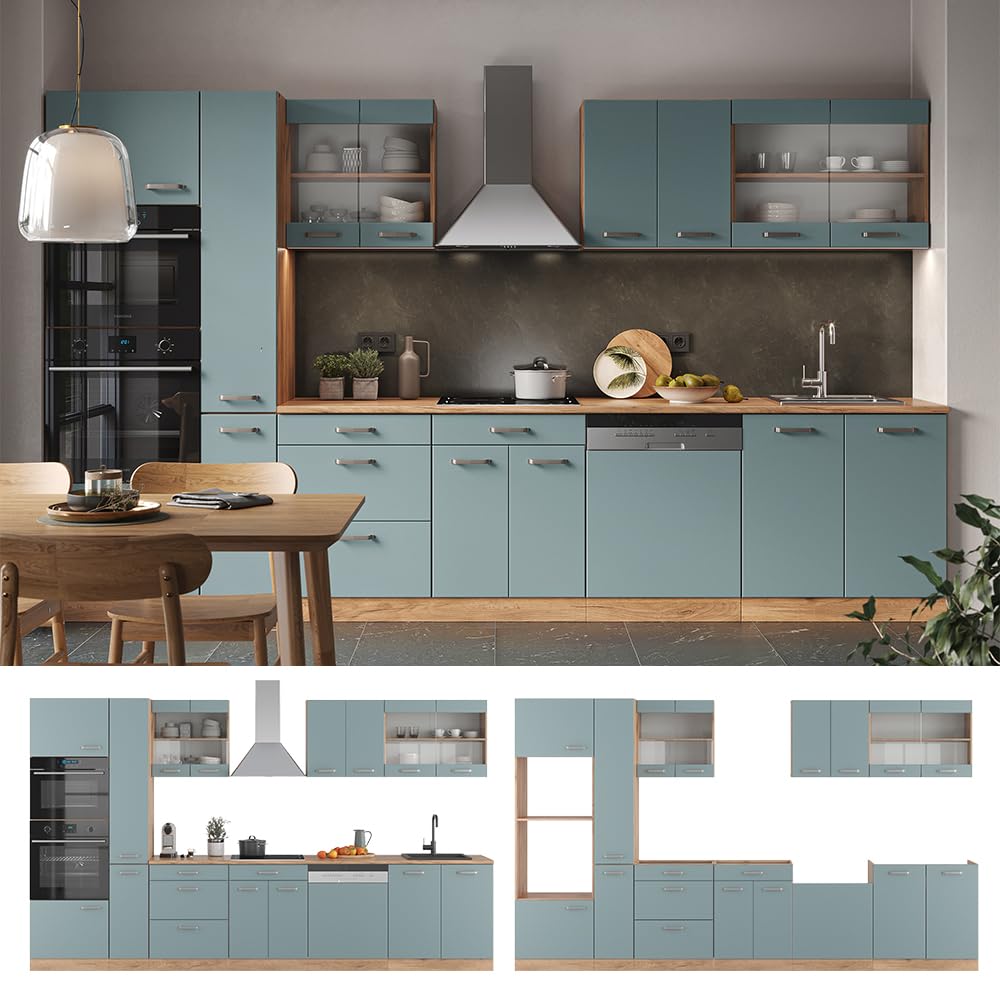 Vicco Cocina R-Line, Roble Azul-Gris-Dorado, 350 cm con Armario Alto, ET Antracita, Apto para ampliación Individual y disposición Flexible