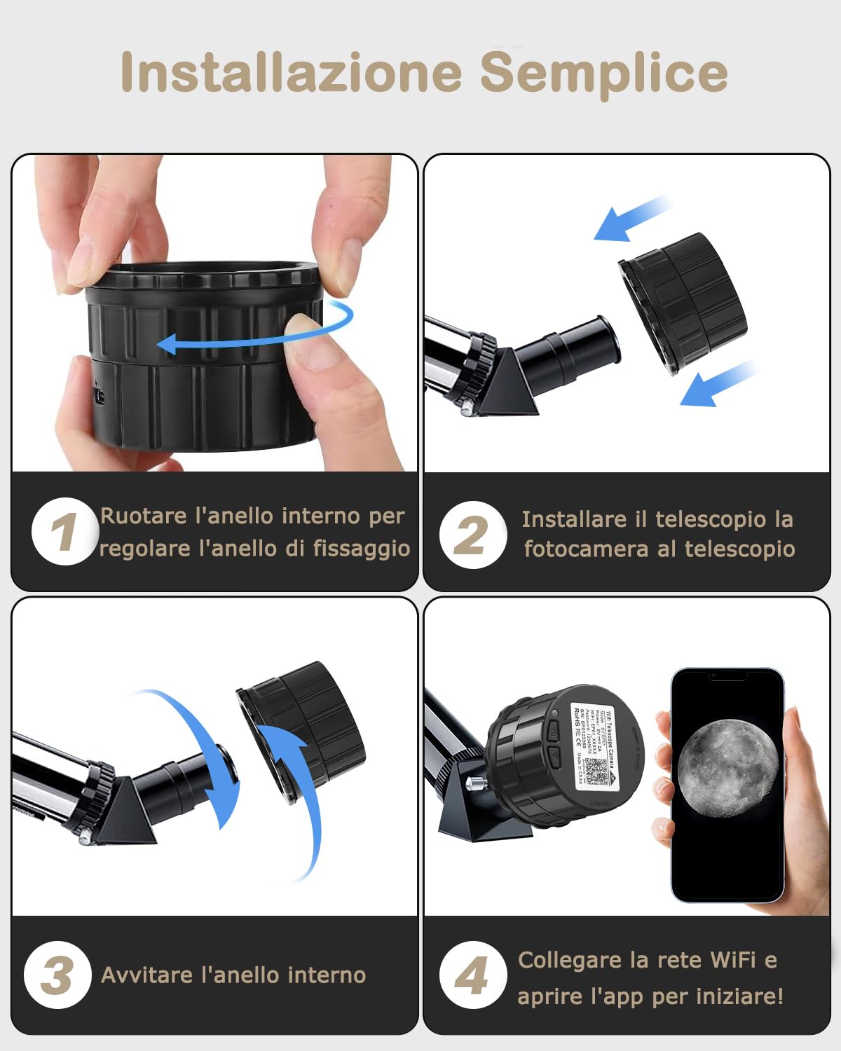 Telecamera elettronica WiFi per telescopio, oculare digitale senza fili per telescopio da 4 milioni di pixel HD, oculare per microscopio per telescopi da 25 mm-50 mm